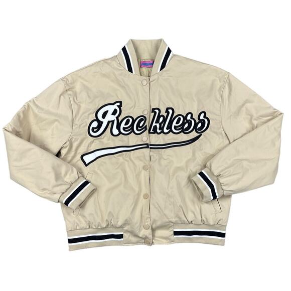 Edikted - Reckless Varsity Bomber Jacket in Tan & Black - Picture 1 of 5